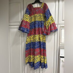 African Dress Sourced in Ghana Colorful Maxi Bell Sleeve Dress Sz L/XL